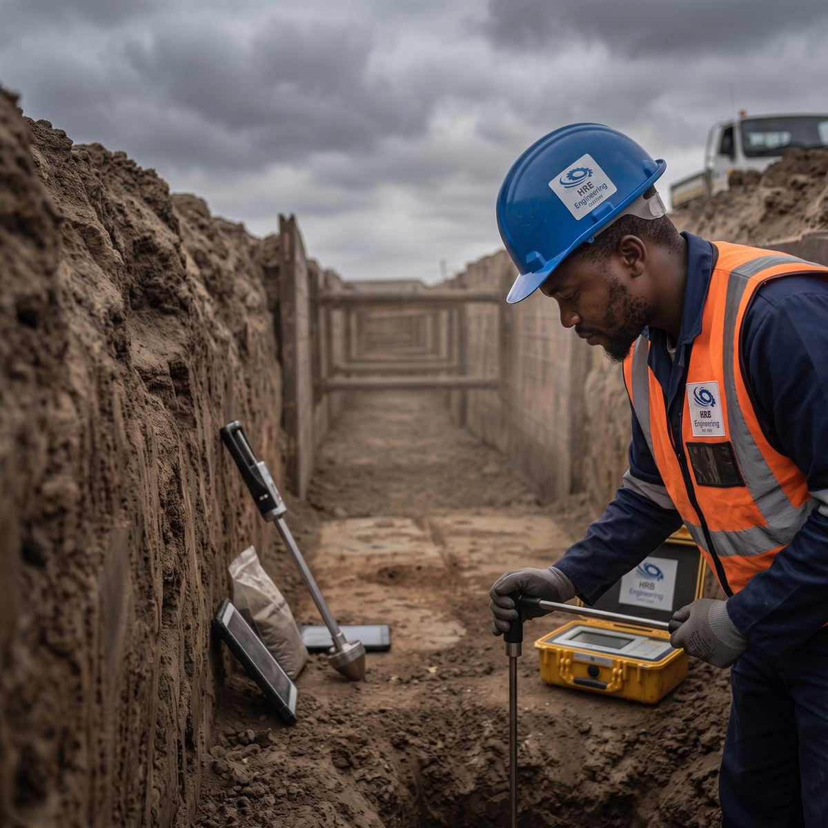 Site engineer carrying out compaction testing in a shored trench