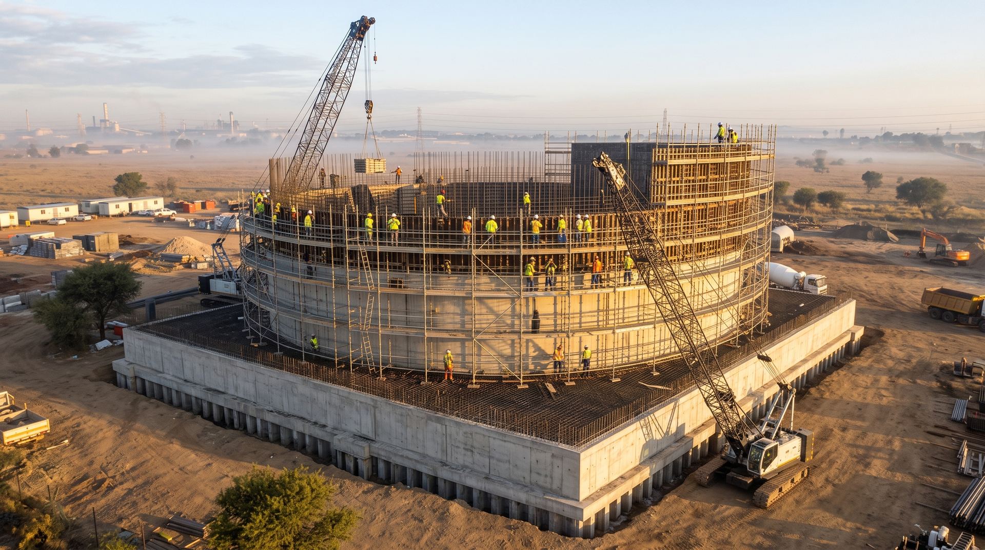 Storage tank under construction with crane and formwork
