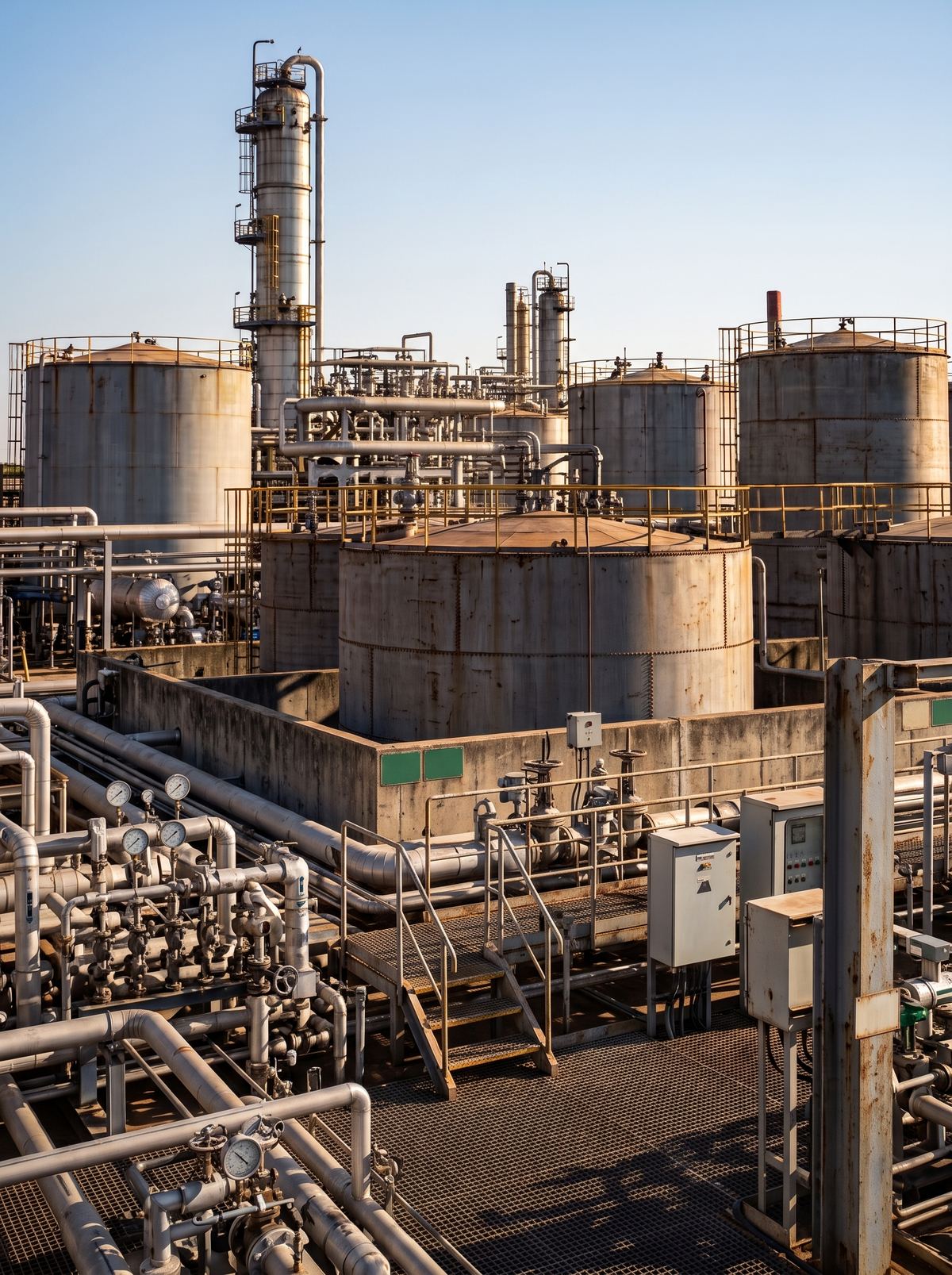 Tank farm and process piping at sunrise