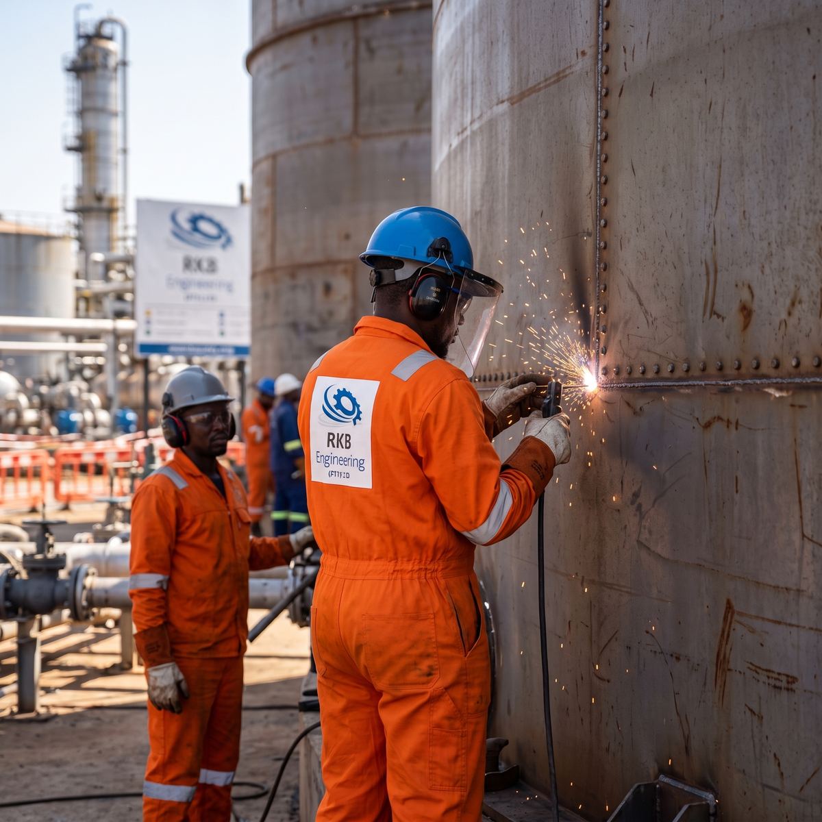 RKB technician welding a storage tank shell at a refinery