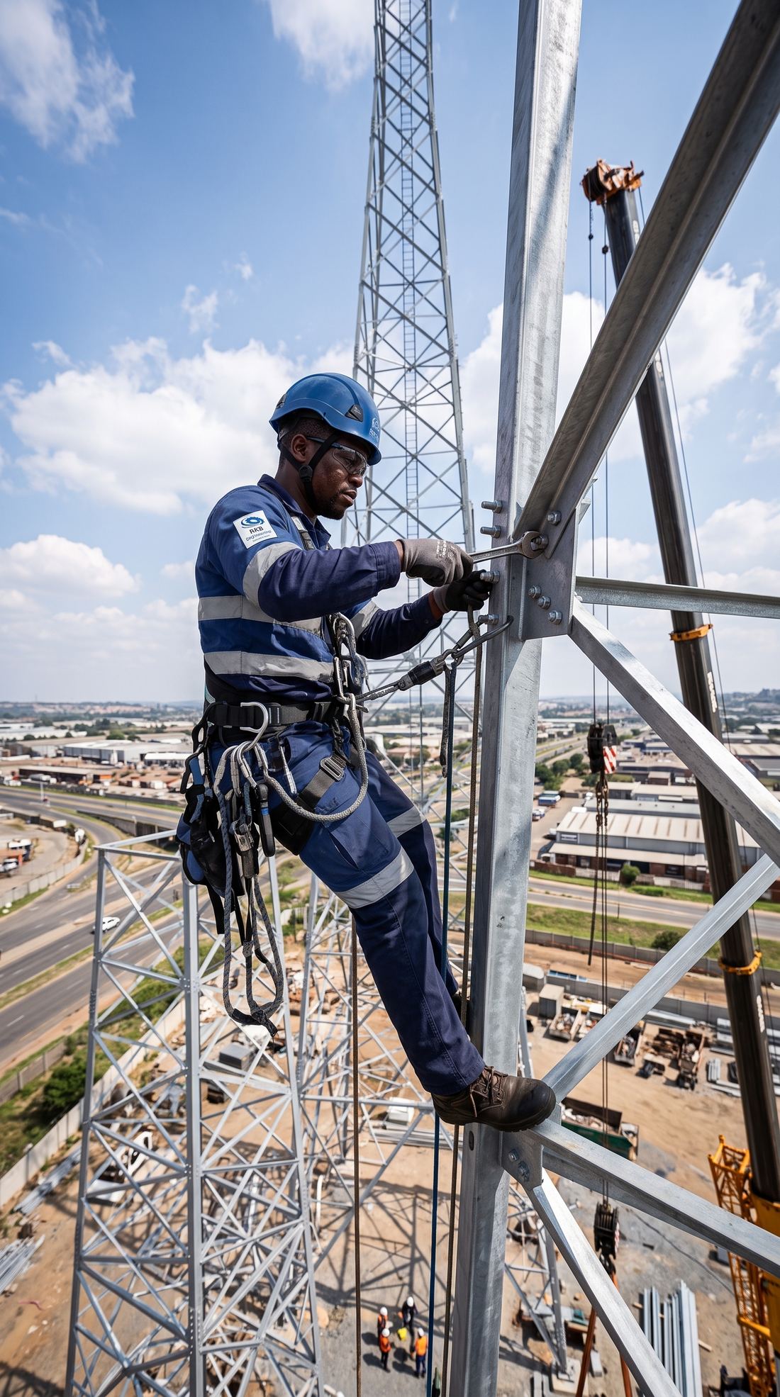 Rope-access technician bolting steelwork on a lattice tower
